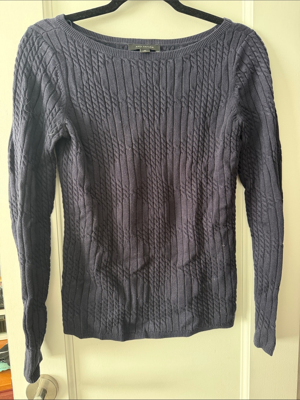 Ann Taylor Dark Navy Cable Knit Boatneck Sweater
